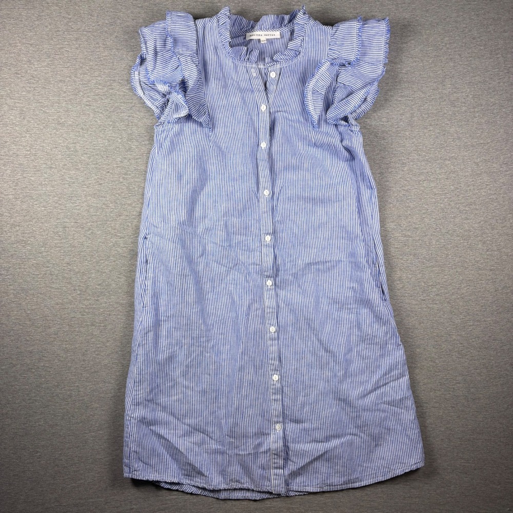 Melissa Nepton Shirt Dress Womens XS Blue Striped Ruffle Linen Blend Pockets